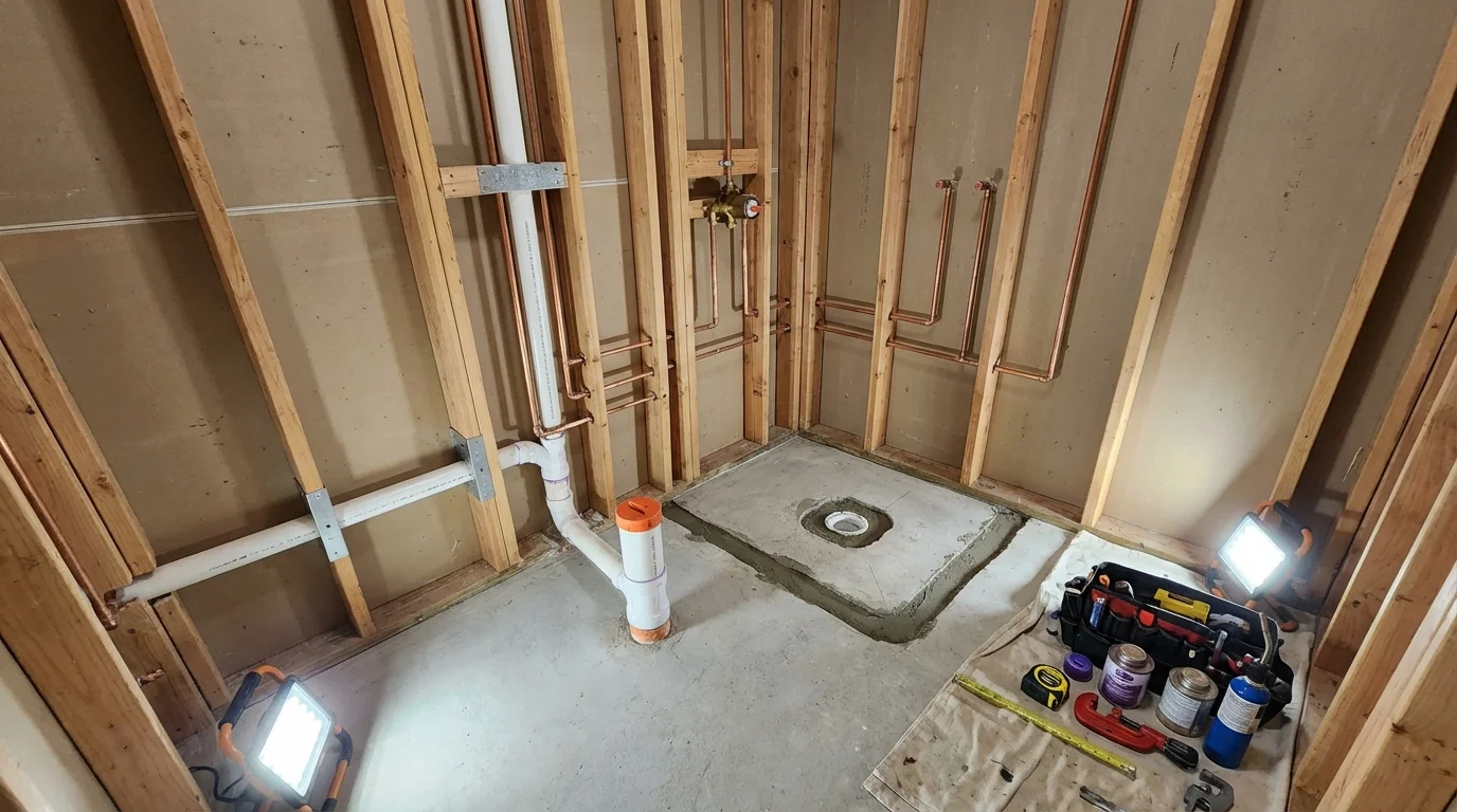 Bathroom rough-in plumbing during remodel by Johns Plumbing LLC in Wray